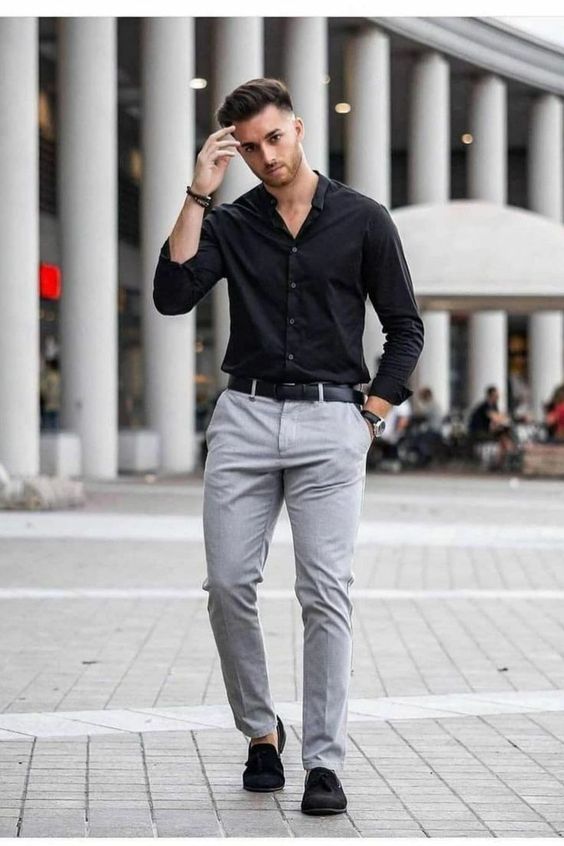 Black shirt with grey jeans